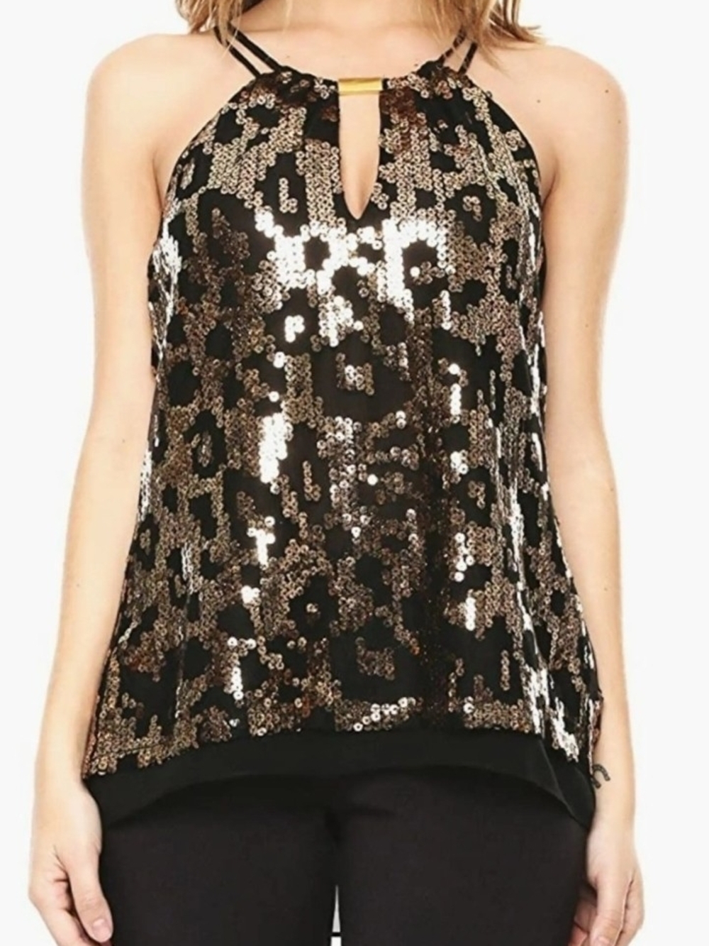 Guess Black/Gold Halter Sequin Camisole with Gold Leopard Print Size M